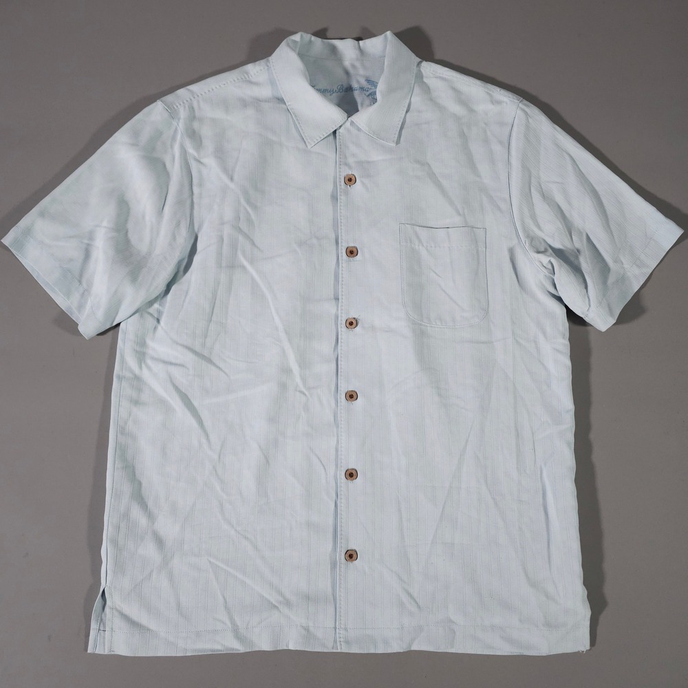 Tommy Bahama Button Down Shirt Mens Medium Light Blue 100% Silk Camp Textured